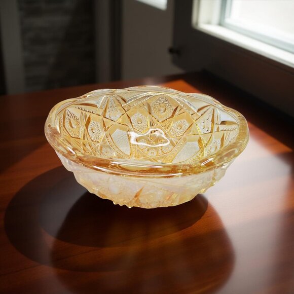 vintage 1950s-60s jeannette marigold diamond cut carnival glass bowl - Picture 2 of 11
